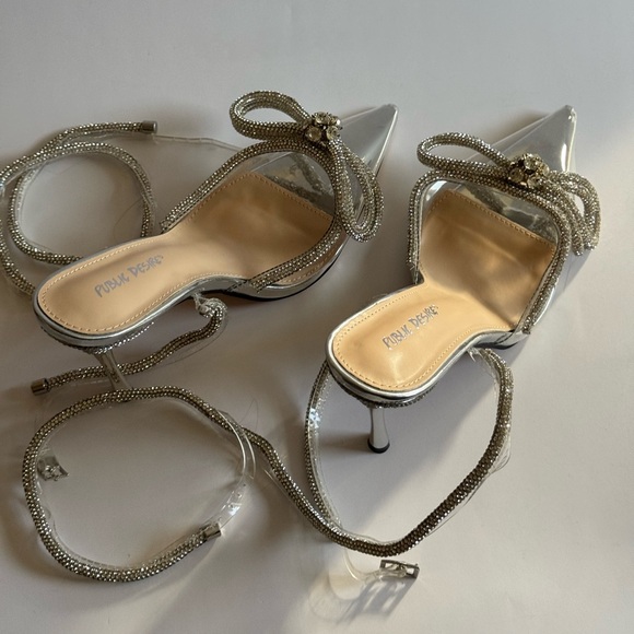 Midnight Clear Perspex Wrap Around Diamante Bow Pointed Toe High Heel. - Picture 2 of 14